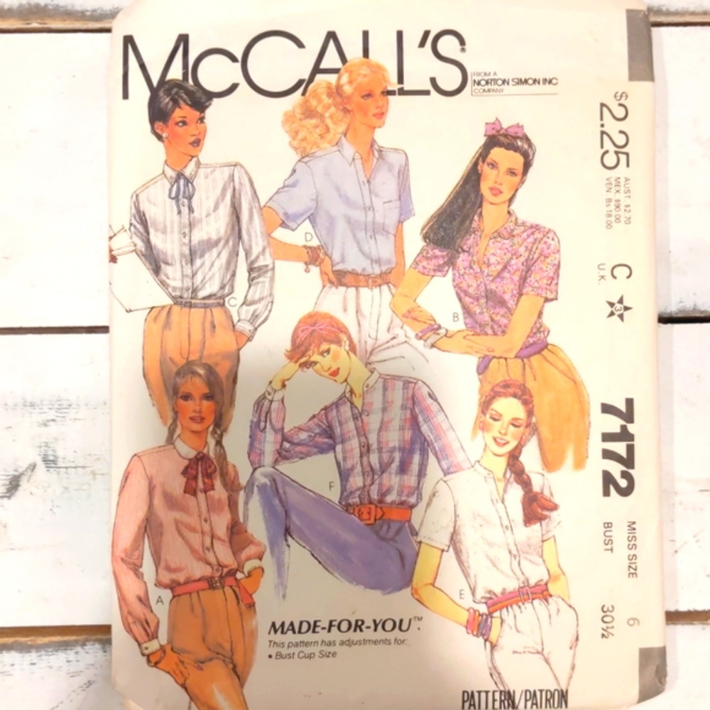Vintage McCall's Sewing Pattern # 7172 -Miss size 6 Bust 30 1/2